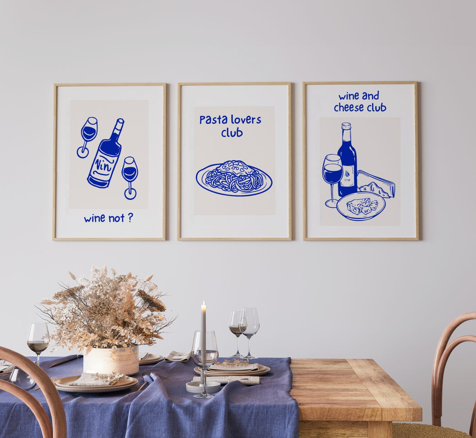 Minimal farmhouse dining room interior, beige mockup frame, 3d r Retro Wine, Cheese & Pasta Poster Bundle