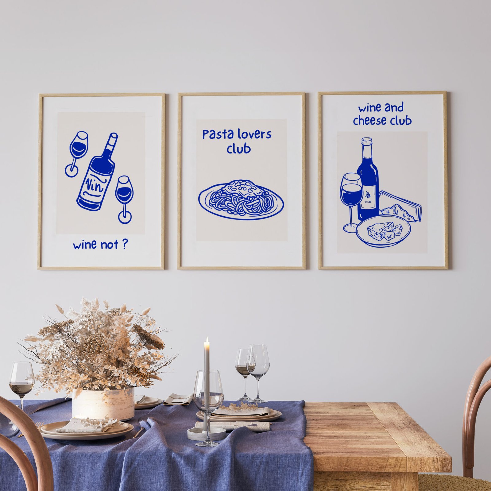 Minimal farmhouse dining room interior, beige mockup frame, 3d r Retro Wine, Cheese & Pasta Poster Bundle