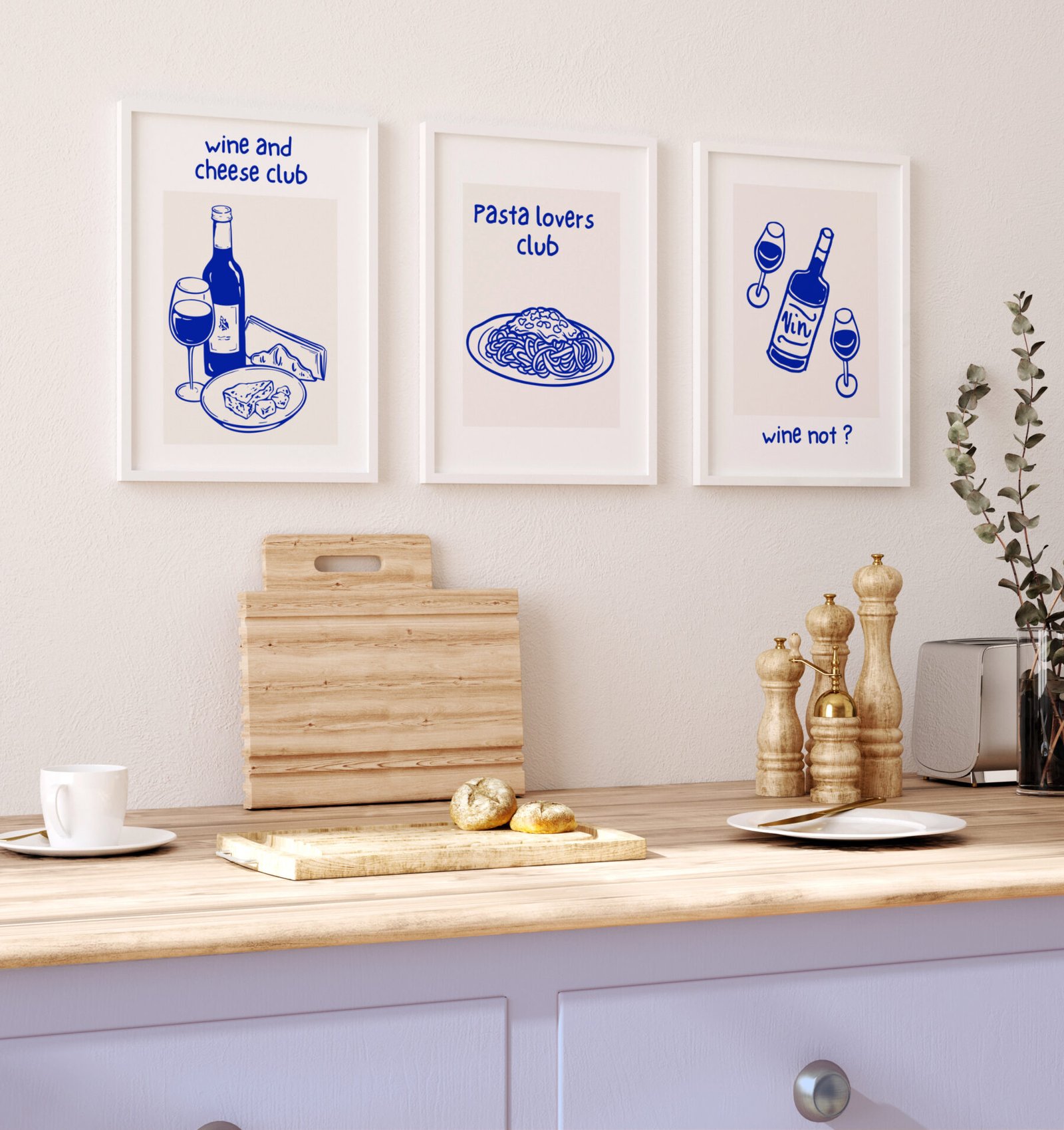 Frame mockup in kitchen interior background, Farmhouse style, 3d Retro Wine, Cheese & Pasta Poster Bundle