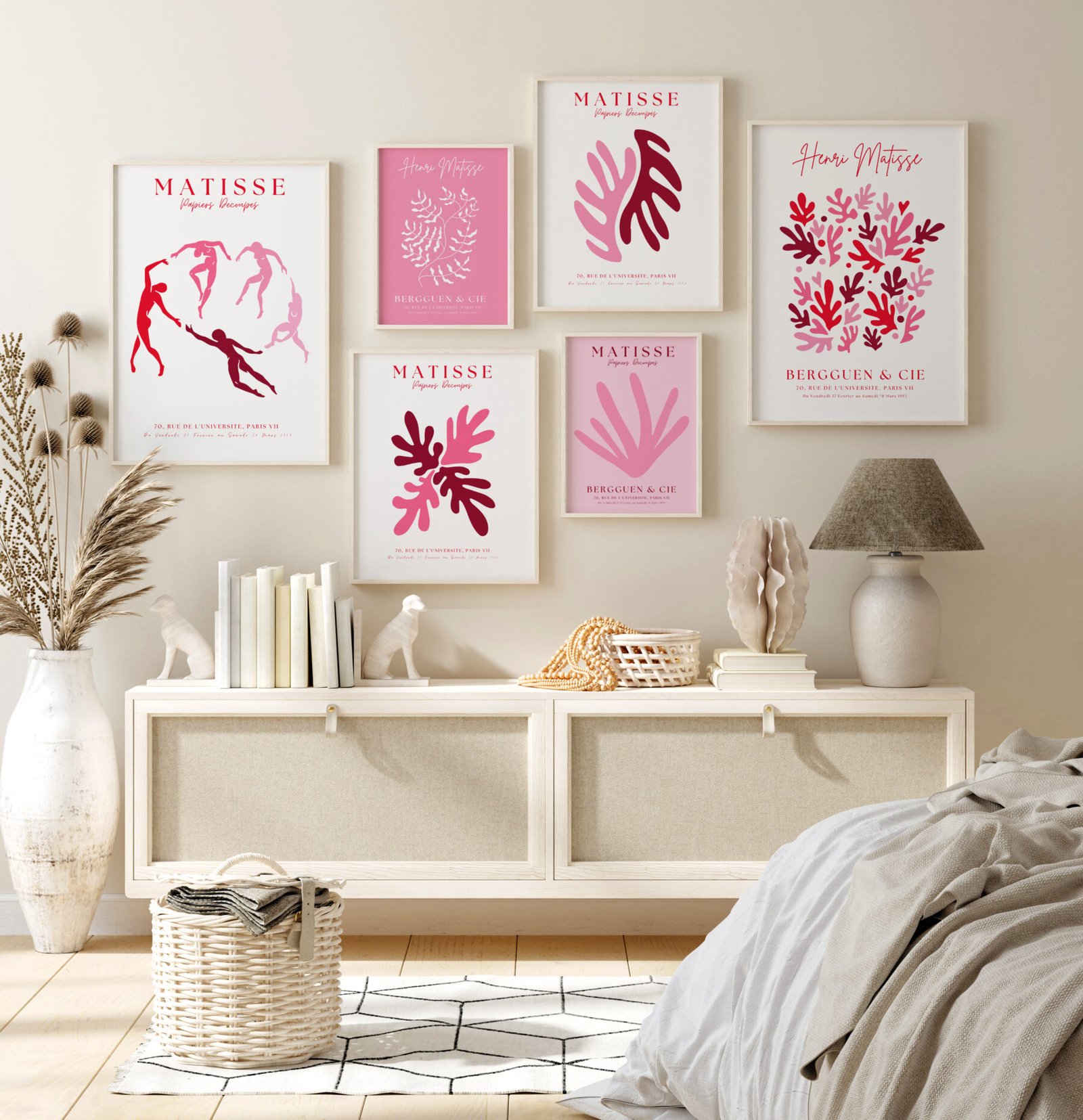 Mock up frame in bedroom interior background, beige room with na Bright-Red-and-Pink Matisse Gallery Wall